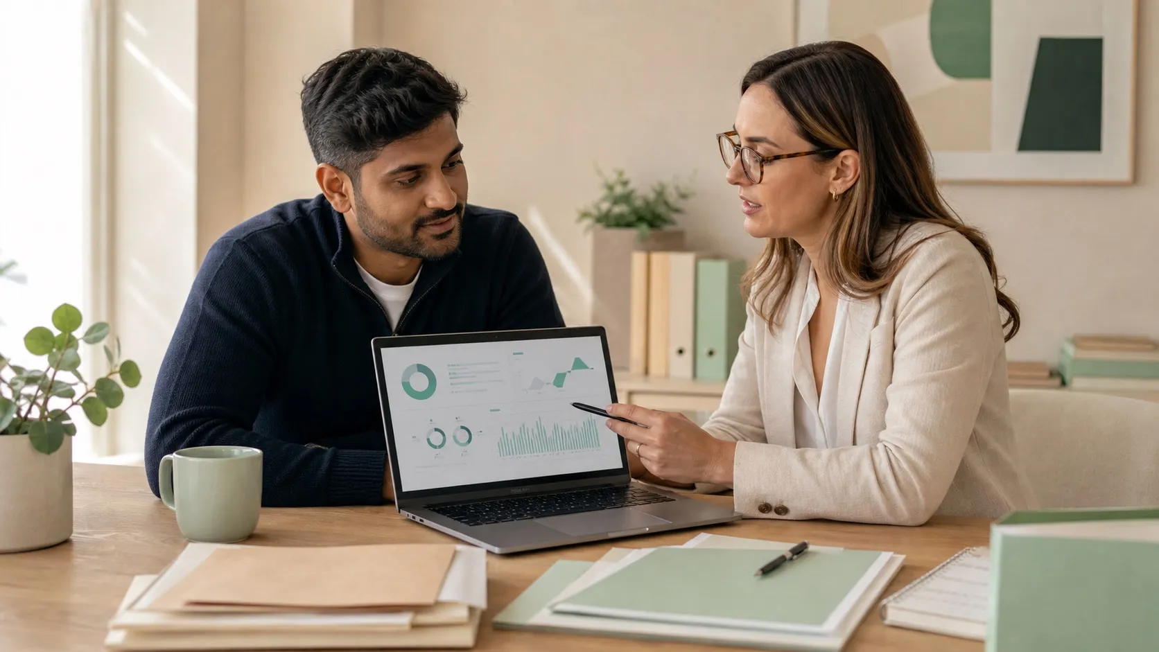 Founder and tax specialist reviewing a compliance dashboard in a warm workspace